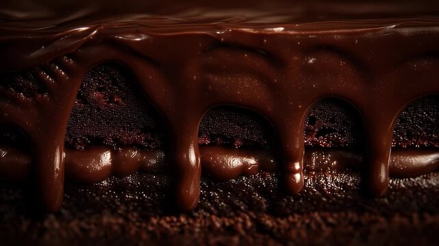 Rich dark chocolate ganache slowly melting and generously dripping down a moist fudge cake, creating an irresistibly tempting sweet dessert, perfect for indulgent cravings