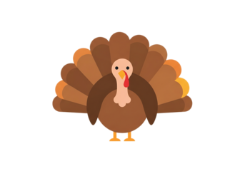 Cute cartoon turkey illustration with fanned tail feathers, isolated for festive autumn designs.