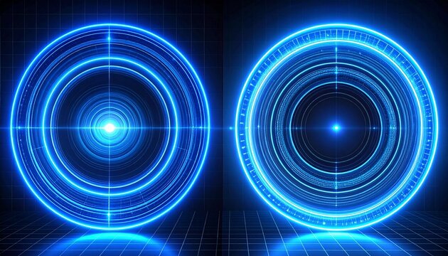 Futuristic Blue Neon Rings and Target Hologram on Grid Background, Digital Technology Concept, Cyberpunk Sci-Fi Design Element