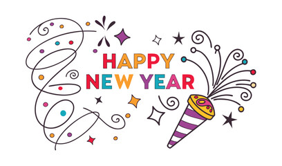 Happy new year celebration with confetti popper and streamers