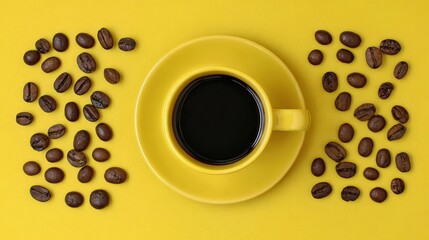 Bright yellow surface displays a centered cup of dark coffee surrounded by roasted beans