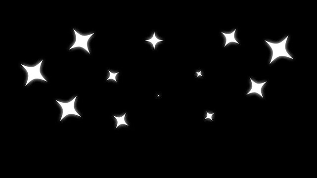 Twinkle sparkling star animaton, Star twinkle glitter animation, white cartoon sparkle doodles, glowing motion on black screen background, 4k festive overlay animation video