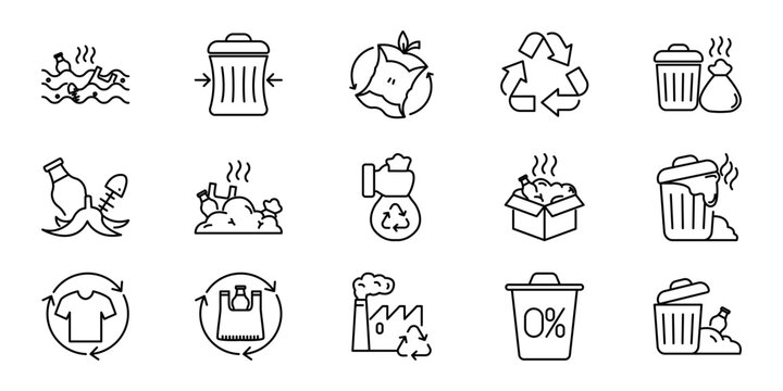Comprehensive outline icon set illustrating waste management, recycling, and eco-friendly environmental protection concepts