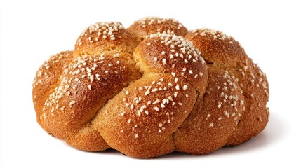 Braided golden baked loaf generously sprinkled with coarse white crystals sits against a plain background.