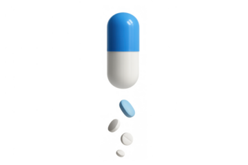 Blue and white capsule opening, releasing various shaped pills, highlighting pharmaceutical delivery and medication concept