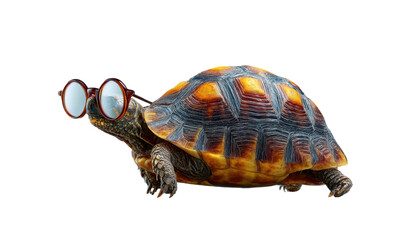 Close-up view of turtle in glasses at whimsical studio examined by photography critic