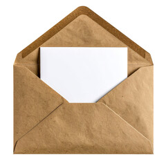 Opened brown envelope with white card, angled towards viewer