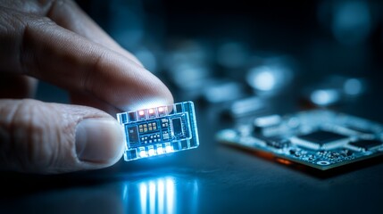 Hand holding a remote control to manage a digital screen, representing the data security concept through technology and circuit board electronics