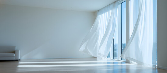 Sheer white curtains blowing in the wind next to a large window in a bright, empty room, a minimalist interior design concept for home decor or real estate backgrounds.