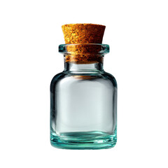 Minimalist product photography of empty glass bottle with cork in studio setting