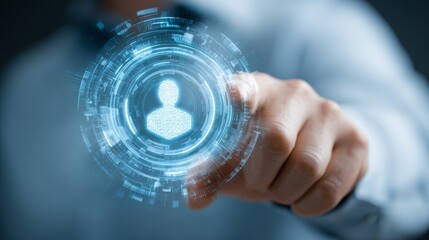 Futuristic digital globe concept with a businessman's hand pressing a blue light interface button for global technology communication