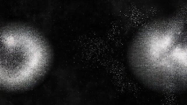 Two glowing, abstract white light formations resembling swirling galaxy or nebula shapes composed of small dot particle against a dark starry background 4k video