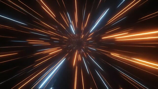 Cinematic hyperspace jump with bright energy lines bending and stretching.