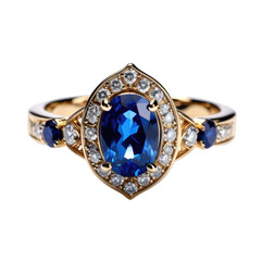 Gold ring holds a vibrant blue gemstone surrounded by sparkling stones