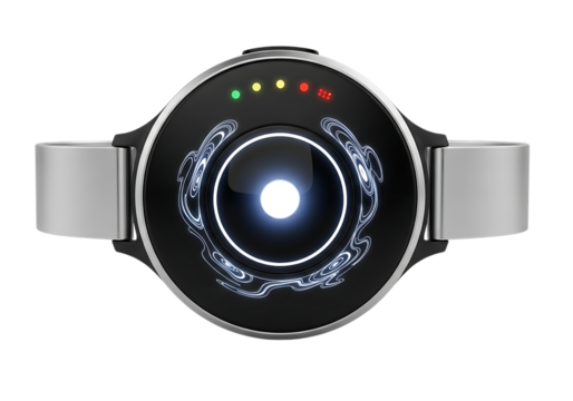 Futuristic round wearable device with glowing energy display and indicator lights on neutral background - Powered by Adobe