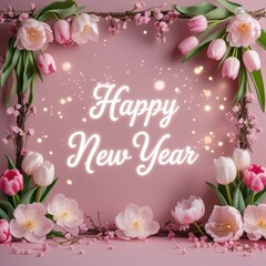 Happy New Year glowing text with floral frame digital illustration greeting card