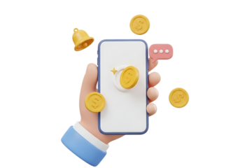 Digital finance, online earnings, mobile banking app with smartphone, coins, and alerts
