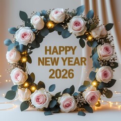 Floral wreath digital illustration with Happy New Year 2026 text greeting card