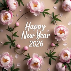Circular pink peony arrangement digital illustration with Happy New Year 2026 text
