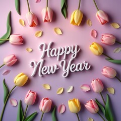 Happy New Year 3D text with pink and yellow tulips greeting card