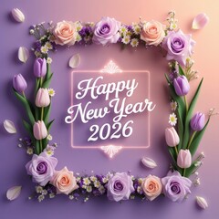 Floral frame digital illustration with Happy New Year 2026 text greeting card