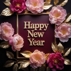 Golden Happy New Year text with floral frame digital illustration greeting card