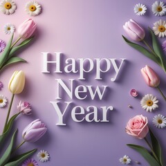 Happy New Year text greeting card with floral decoration on purple background