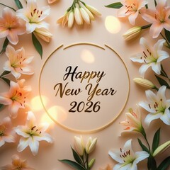 Happy New Year 2026 greeting card with golden frame and floral lily border