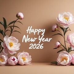 White and pink peonies digital illustration with Happy New Year 2026 text greeting card