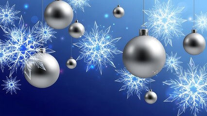 Elegant silver Christmas ornaments and glowing snowflakes creating a magical winter wonderland scene for holiday greetings and festive promotions
