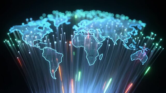A vibrant, abstract world map formed by glowing optical fibers, symbolizing global data connectivity and communication.