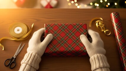 Cozy winter vibes as someone wraps a thoughtful Christmas present with red plaid paper and gold ribbon, creating a moment of holiday cheer and anticipation