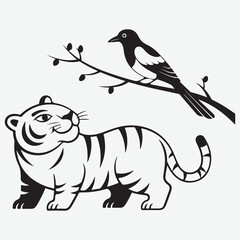 Stylized Black and White Illustration of a Tiger and a Bird on a Branch