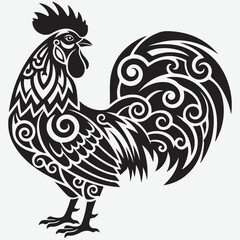 Stylized Black Rooster with Intricate Tribal Tattoo-like Patterns