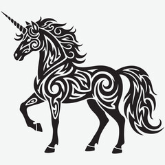 Stylized Black Unicorn Silhouette with Tribal Patterns