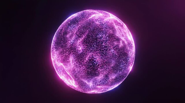 Glowing purple energy sphere with shimmering particle effect and neon outline floating in absolute black background for science 4k video