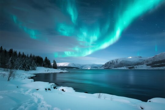 Aurora Borealis illuminates a snowy landscape with a calm lake and snow-covered mountains under a starry night sky - Powered by Adobe