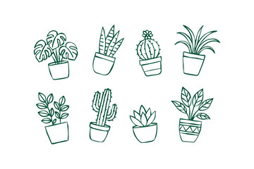 Set of house plants composition. vector line art Home and office interior houseplants. hand drawn Modern leaf, succulent, cactus decoration in planters, flowerpots design