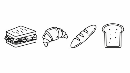 Assortment of Bread and Sandwich Line Art Illustration.