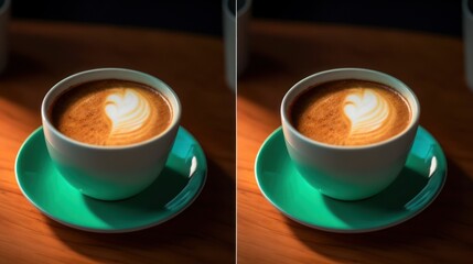 Two cups of coffee with latte art on a green saucer, close-up shot.