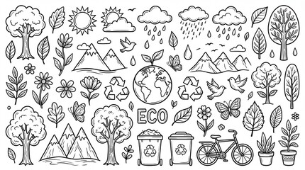 Hand Drawn Nature and Environment Doodle Vector Set - Eco-Friendly, Plants, Weather Icons & Sustainability Symbols