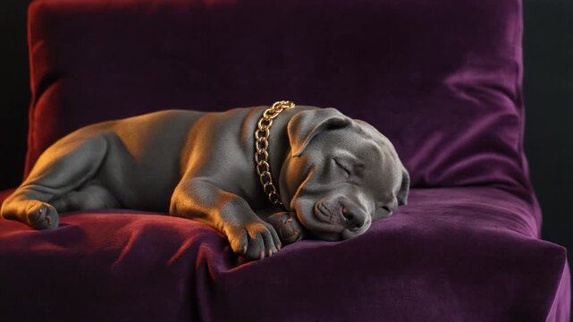 Grey pitbull puppy sleeping on purple velvet wearing gold chain collar. High-end pet fashion and luxury animal lifestyle concept.