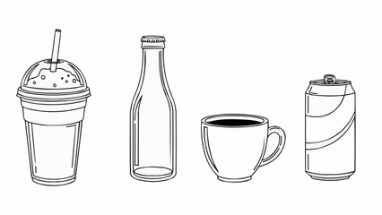 Hand-drawn sketch of various beverages including a smoothie, bottle, coffee cup, and soda can.