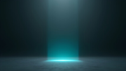 Obraz premium Teal Light Column On Dark Futuristic Studio Floor