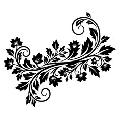 Elegant black floral design with swirling leaves and detailed blossoms on white