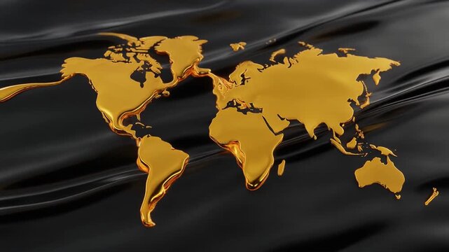 A golden, metallic world map resting on a dark, wavy, liquid-like surface, symbolizing global connection and luxury.