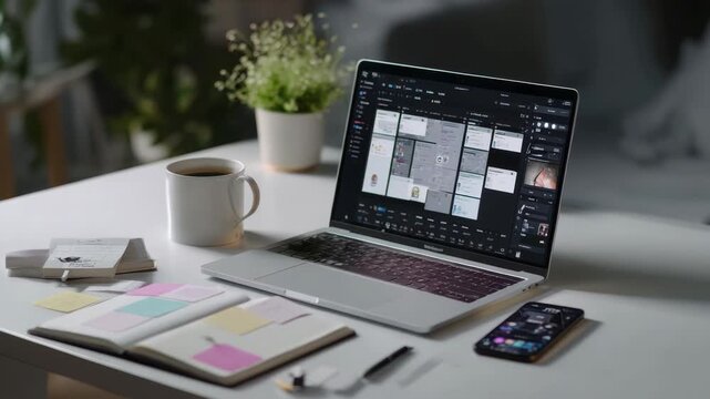 Cozy workspace with laptop, coffee, notebook and mobile phone on desk