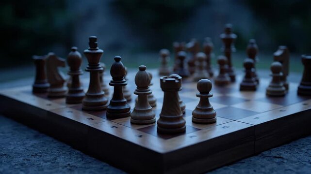Chessboard game pieces, strategy and competition in low light, outdoor. Strategy game.