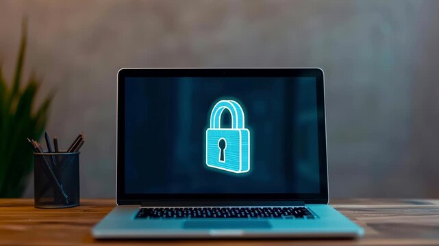 Laptop security cybersecurity data protection privacy encryption padlock icon, secure connection firewall, glowing padlock laptop screen cyber