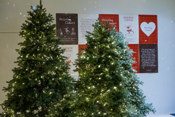 A festive Christmas tree display featuring sparkling ornaments, twinkling lights, and seasonal decorations. The tree is adorned with baubles, ribbons, garlands, and a bright star on top, creating a wa